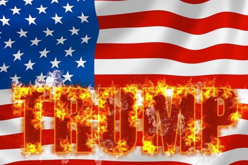 Democracy is being destroyed. American flag with trump’s name on fire in front of it.