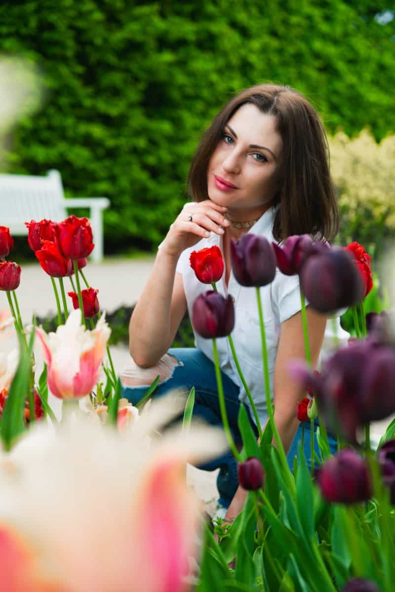A woman posing among blooming red and purple tulips in the royal castle gardens in warsaw during a professional spring outdoor session