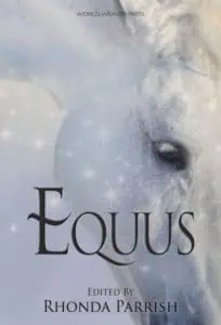 white horse head with black title text EQUUS