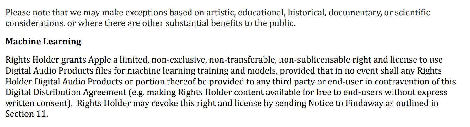 Rights Holder grants Apple a limited, non-exclusive, non-transferable, non-sublicensable right and license to use Digital Audio Products files for machine learning training and models