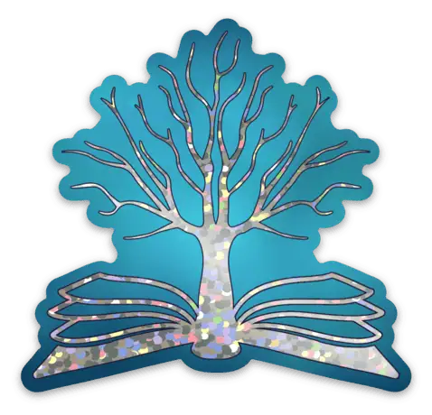 A Holiday Sparkle Book Sticker with a tree in the shape of a book.