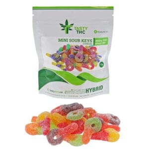 tasty thc sour mini keys package with candy in front