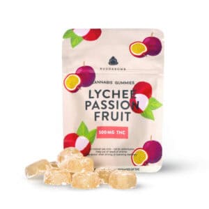 buudabomb lychee-passionfruit flavoured gummies with 500mg THC