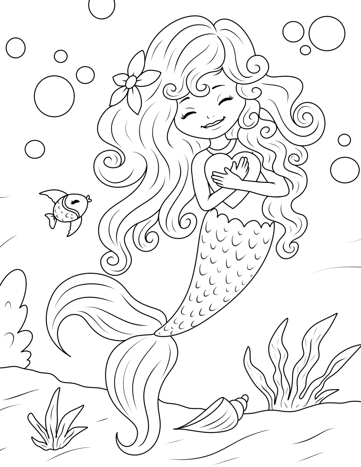 Mermaid Holding a Heart Coloring Page Activity Party