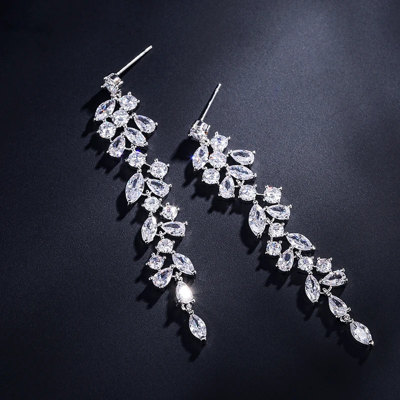 Crystal Leaf Long Earrings
