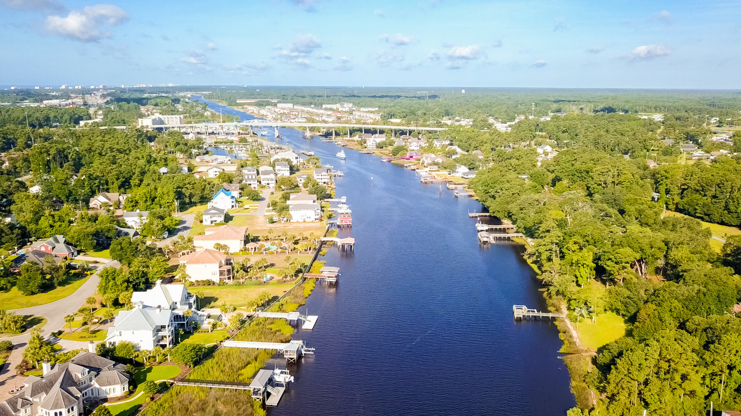 Aerial view on intercoastal waterway in Little River of South Carolina.