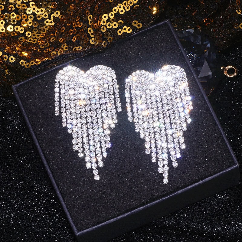 Luxury Rhinestone Tassel Earrings For Women Elegant Big Crystal Heart Drop Dangle Earrings Wedding Earring Jewelry Accessories