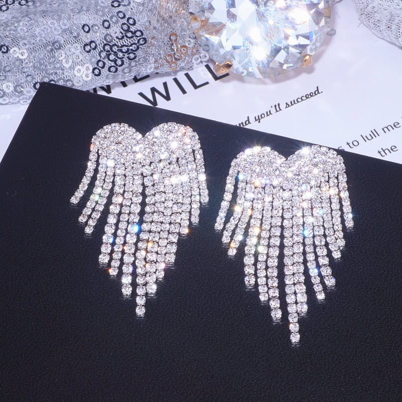 Luxury Rhinestone Tassel Earrings For Women Elegant Big Crystal Heart Drop Dangle Earrings Wedding Earring Jewelry Accessories