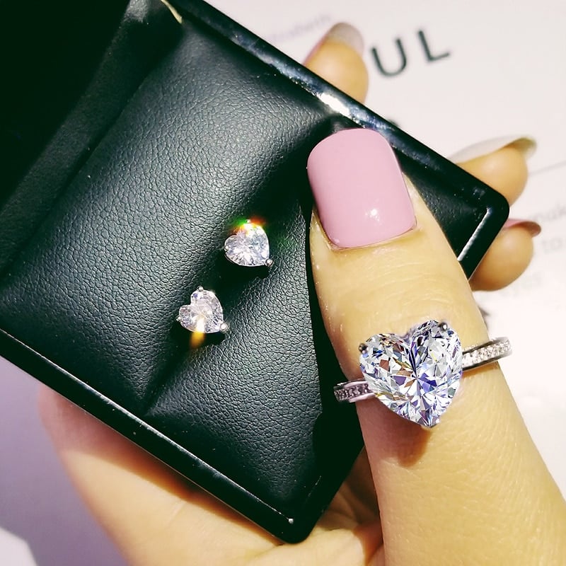 2pcs Pack 925 Sterling Silver Jewelry set halo Engagement ring round stud earring for Wedding gift J4921