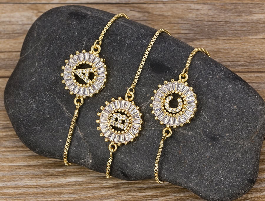 Nidin Hot Sale A-Z Initial Micro Pave Cubic Zircon Letter Charm Chain Bracelets Adjustable For Women Lovers Jewelry Gift Bangle