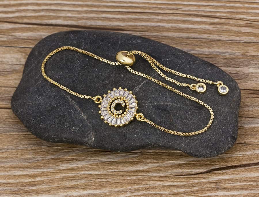 Nidin Hot Sale A-Z Initial Micro Pave Cubic Zircon Letter Charm Chain Bracelets Adjustable For Women Lovers Jewelry Gift Bangle