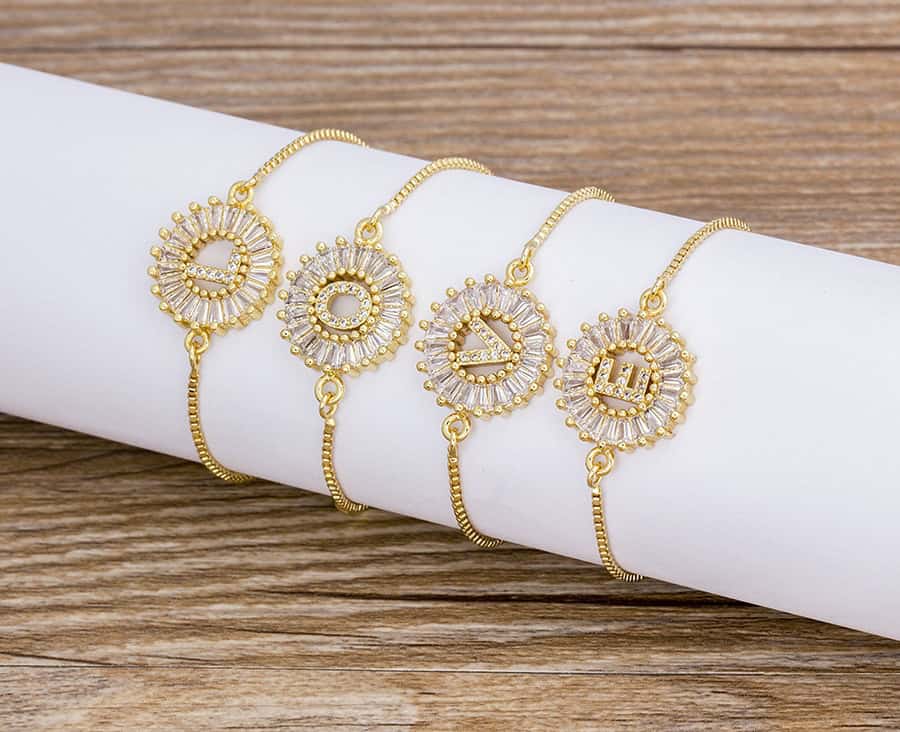 Nidin Hot Sale A-Z Initial Micro Pave Cubic Zircon Letter Charm Chain Bracelets Adjustable For Women Lovers Jewelry Gift Bangle