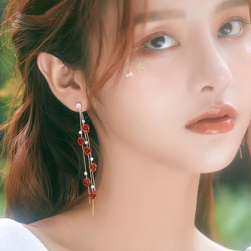 Lovely Flower Drop Rose Petal Earrings for Women Red White Long Tassel Dangle Hanging Earrings Weddings PGift