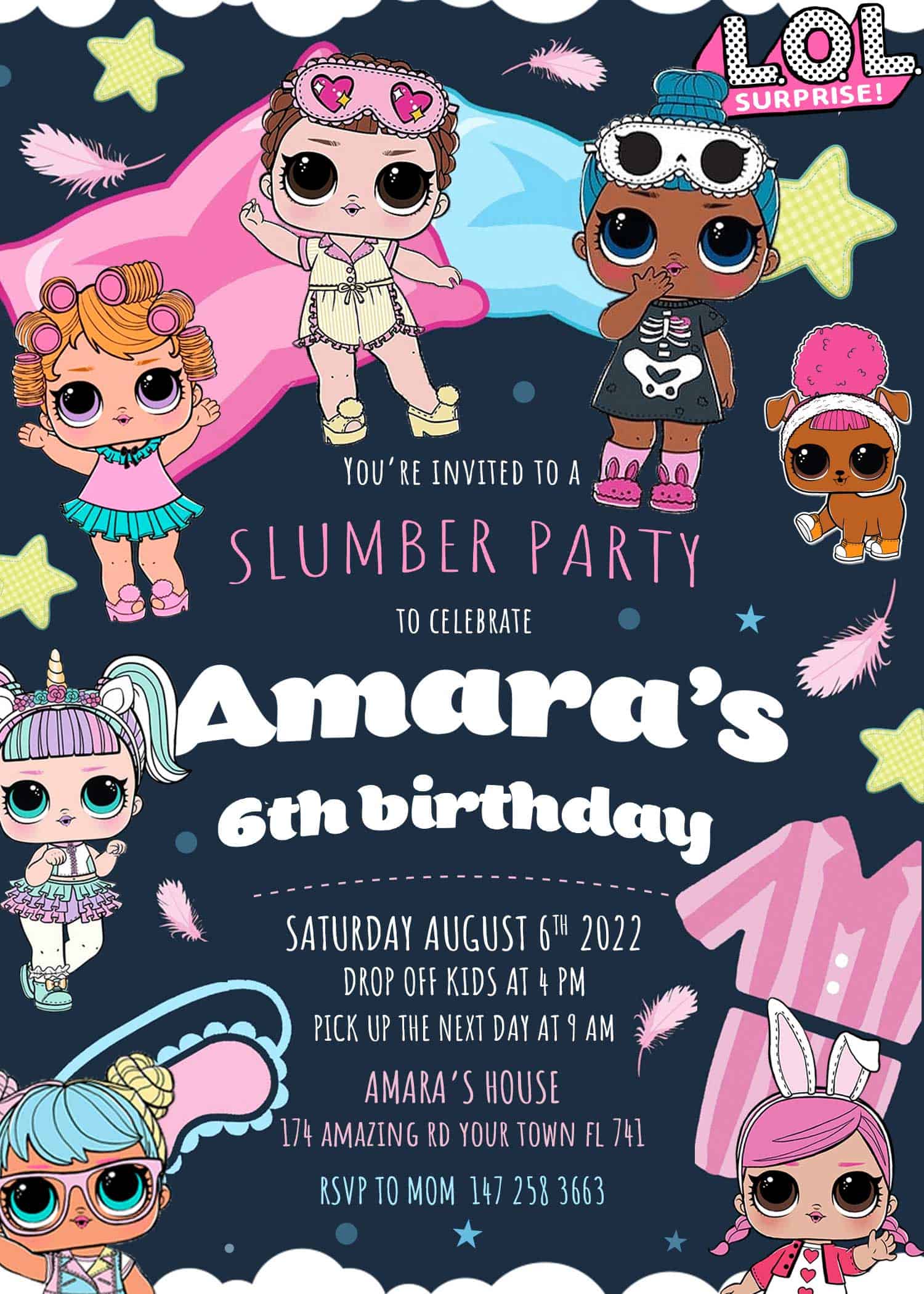 LOL Surprise Dolls Slumber Party Invitation | Birthday Invite