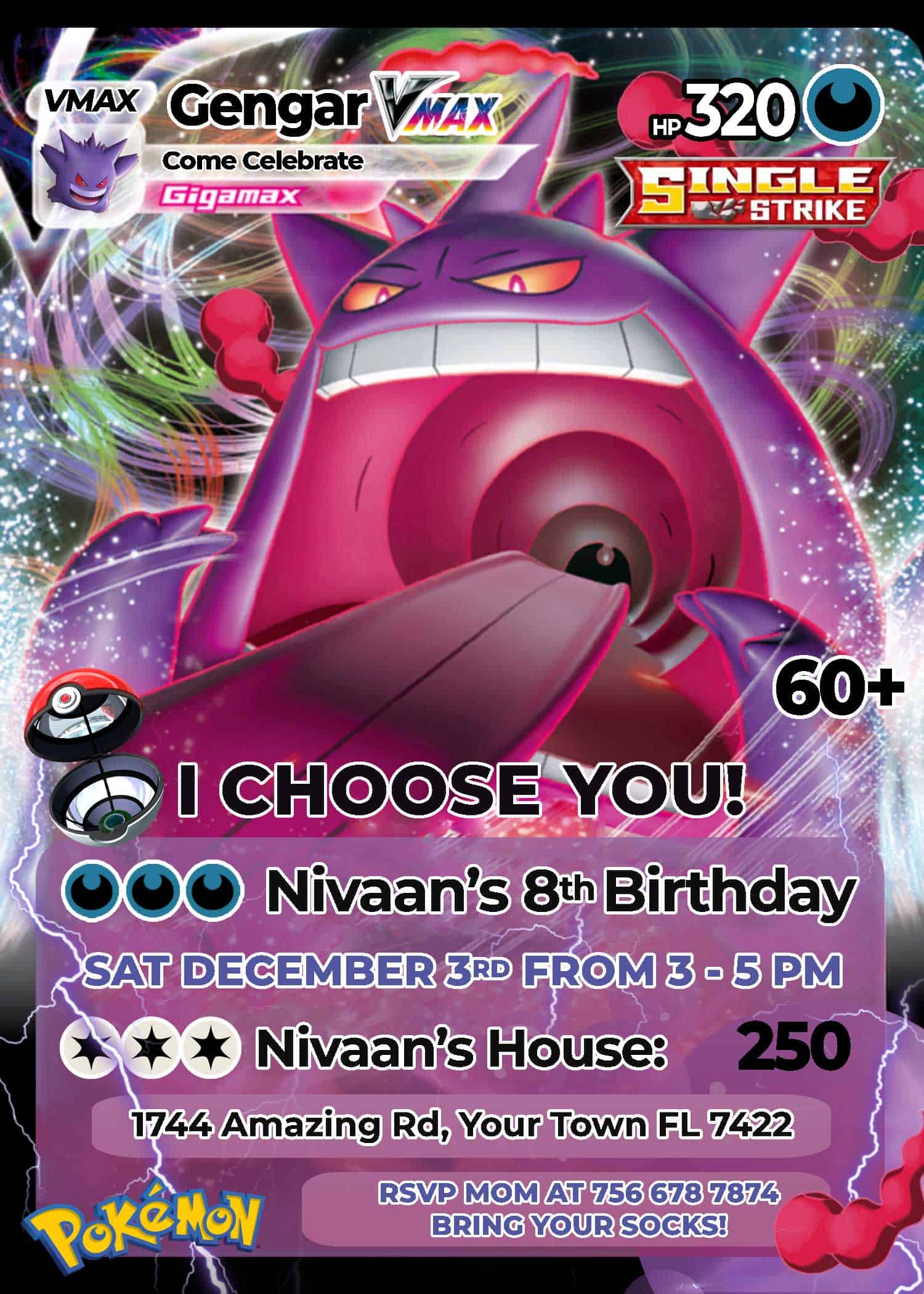 Pokemon Gengar Birthday Invitation | FREE Backside | 24H Ready