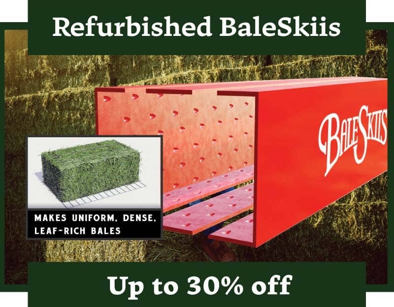 BaleSkiis insert shown in front of a hay bale background with an inset of a very tight hay hale with a white background