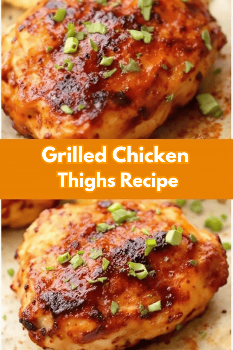 Two grilled chicken thighs garnished with chopped green onions on a light surface, with text in the center reading "Grilled Chicken Thighs Recipe"—the perfect visual for your next grilled chicken thighs recipe.