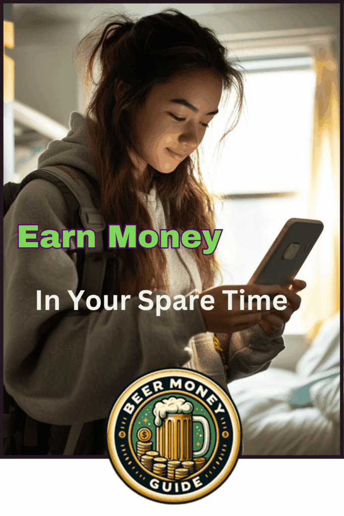 Young woman in a casual setting looking at her smartphone - Beer Money Guide: Top Sites and Tips to Earn Extra Cash Online.