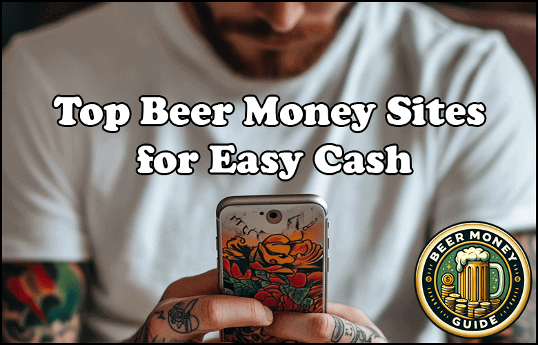 A tattooed person holding a smartphone. The text on the image reads "Top Beer Money Sites for Easy Cash" with a Beer Money Guide logo.