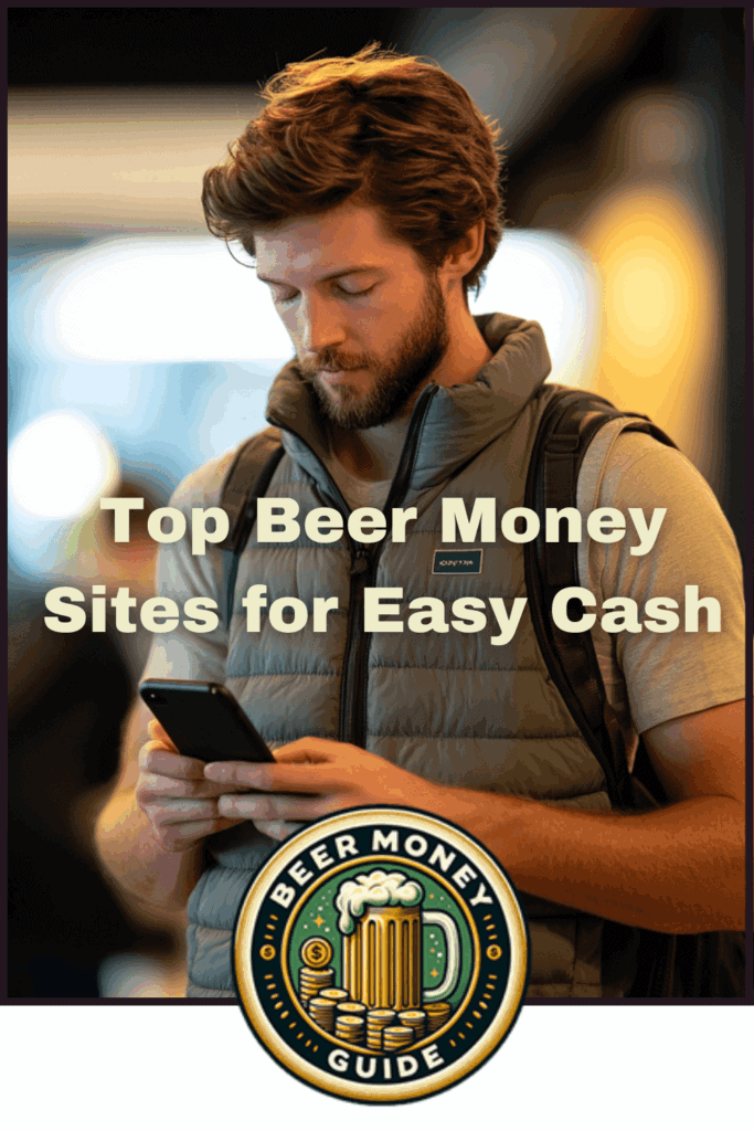 A man with a beard and a backpack looks at his phone. The text overlay reads, "Top Beer Money Sites for Easy Cash" with a logo at the bottom that says "Beer Money Guide.
