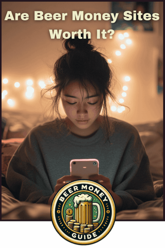 A person sitting on a bed, focused on their phone. Text at the top says, "Are Beer Money Sites Worth It?" with a "Beer Money Guide" logo at the bottom. Meanwhile, a note about side hustles floats nearby.