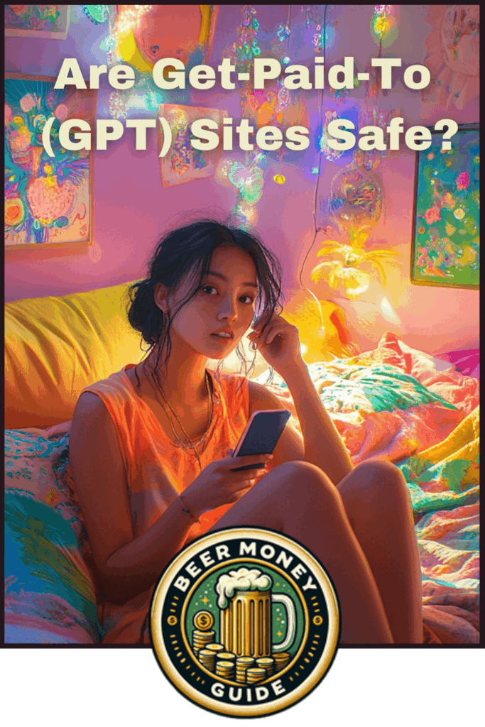 A young woman sits on a colorful bed, looking at her phone, with text above her asking, "Are Get-Paid-To (GPT) Sites Safe?" The image is branded with a "Beer Money Guide" logo, highlighting legitimate income sources and secure payment methods.