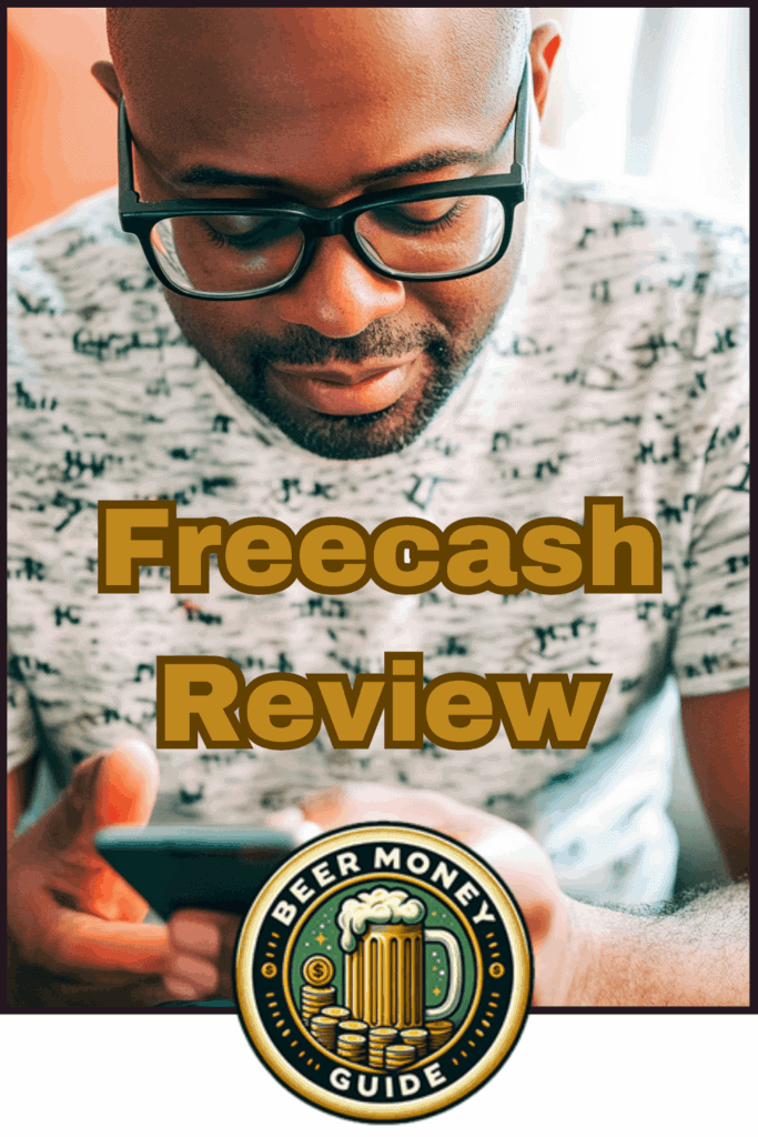 A person wearing glasses looks at their smartphone. The image is overlaid with the text "Freecash Review" and a logo at the bottom reading "Beer Money Guide," featuring a beer mug. Ideal for those exploring side hustles or work from home jobs, this review promises insightful tips and tricks.