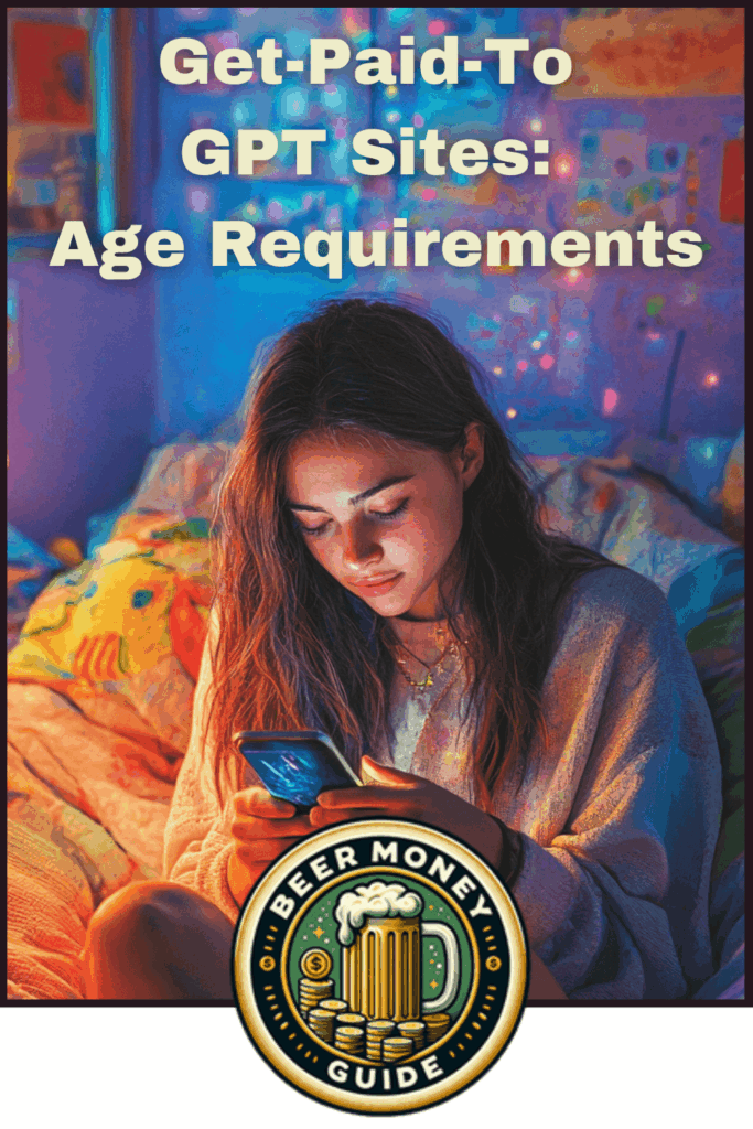 A girl sits on a bed looking at her phone in a cozy, dimly-lit room. Text over the image reads, "Get-Paid-To (GPT) Sites: Age Requirements for Young Users." At the bottom, a "Beer Money Guide" logo is visible.