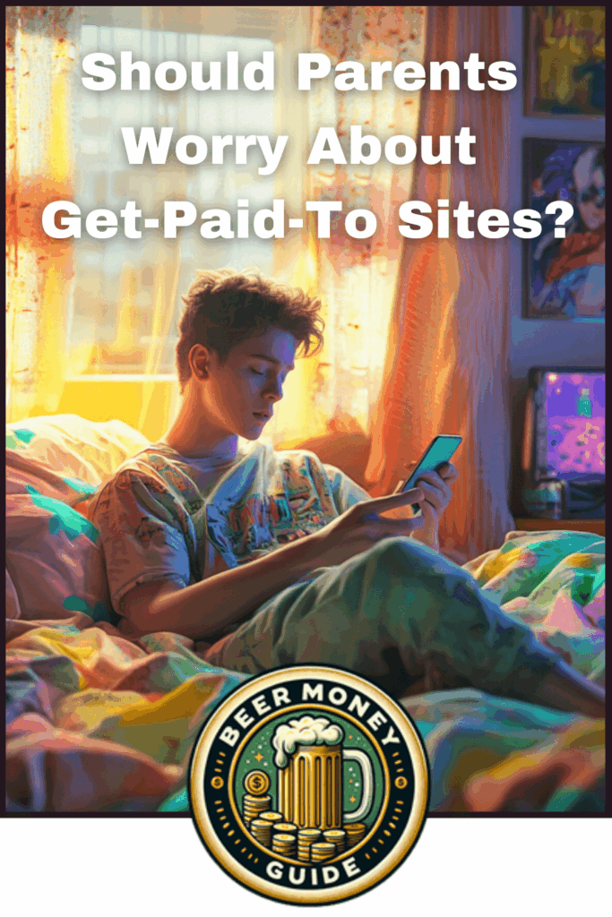  Teen sitting on a bed using a smartphone, accompanied by text "Are Get Paid To Sites Safe for Kids?" and a "Beer Money Guide" logo at the bottom, highlighting concerns about children's financial literacy.