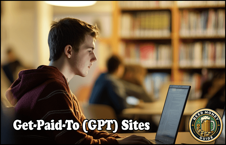A person in a yellow sweater is working on a computer in a library. The text overlay reads "Top Get-Paid-To (GPT) Sites" alongside a "Beer Money Guide" logo, making it clear they're diving into the best ways to earn extra cash online.
