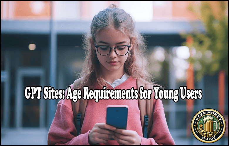 A young person with glasses and a pink hoodie is using a smartphone, standing outdoors. The text on the image reads, "GPT Sites: Age Requirements for Young Users - Ensuring Online Safety for Kids.