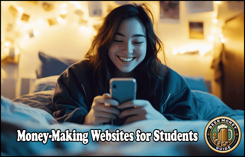 A smiling person looks at their phone, surrounded by soft lighting, with the text "Money-Making Websites for Students" and a "Beer Money Guide" logo on the image. Discover online jobs for college students to make money online as a student.