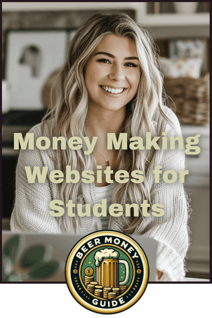 A smiling individual with long hair is featured behind the text "Money Making Websites for Students: Top Online Jobs for College Students." A "Beer Money Guide" logo is present at the bottom of the image.