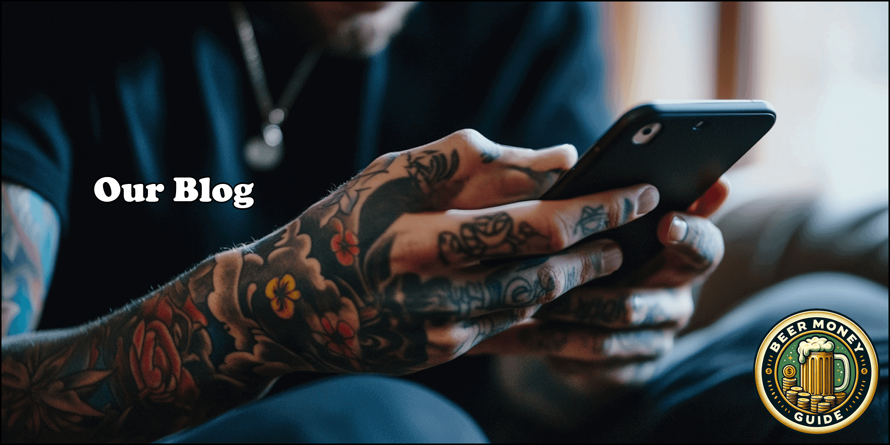 Person using a smartphone with the Beer Money Guide blog header and logo visible.