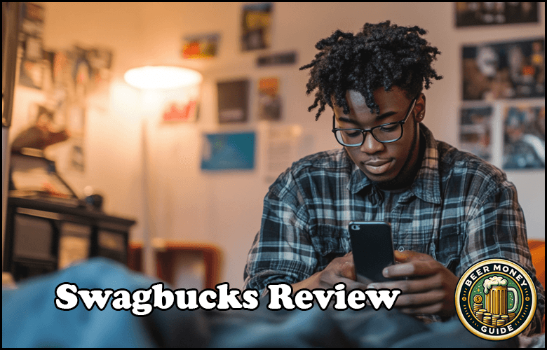 A person sitting indoors looking at a smartphone with the text overlay "Swagbucks Review" and a logo in the corner, possibly exploring the pros and cons of the Swagbucks rewards program.