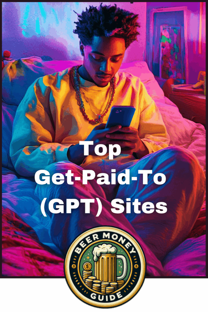 Person sitting on a bed using a smartphone with the text "Top Surveys and GPT Sites" and a "Beer Money Guide" logo.