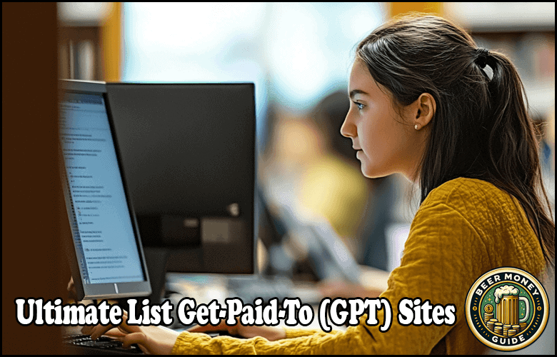 A person working on a computer, with "Ultimate List Get-Paid-To (GPT) Sites" and a "Beer Money Guide" emblem subtly displayed in the bottom right corner of the image.