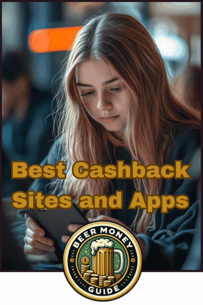 A young woman looks at her smartphone, with text overlay: "Best Cashback Apps for Money-Saving Shopping" and a "Beer Money Guide" logo.