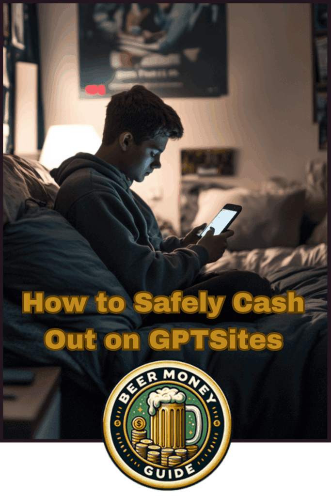 A teen sits on the bed, tablet aglow, absorbed in learning about withdrawal tips on GPT sites. The text reads: "How to Safely Cash Out on Online Earning Platforms" with a "Beer Money Guide" logo below, ensuring a smooth journey through payment processors.