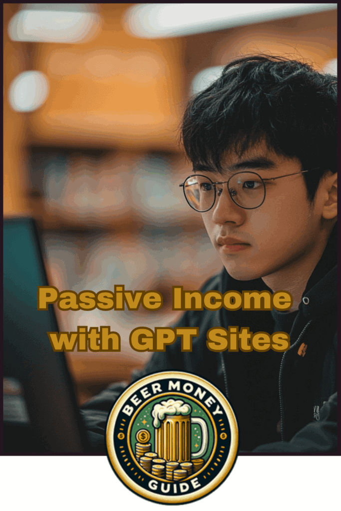 A person is using a laptop displaying the text "Passive Income with GPT Sites" alongside a "Beer Money Guide" logo. Dive into AI content generation and unleash GPT site monetization strategies to maximize your earnings.