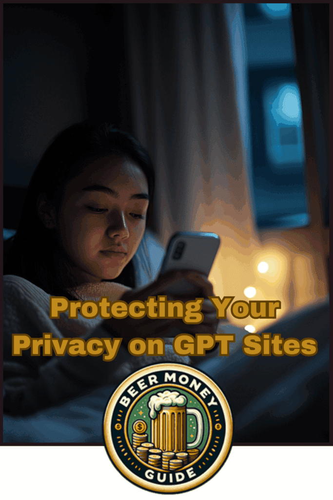 In a dimly lit room, someone navigates their smartphone. Overlay text reads, "Ensuring Identity Protection on GPT Sites." At the bottom, the "Beer Money Guide" logo serves as a reminder of safe and secure online experiences.