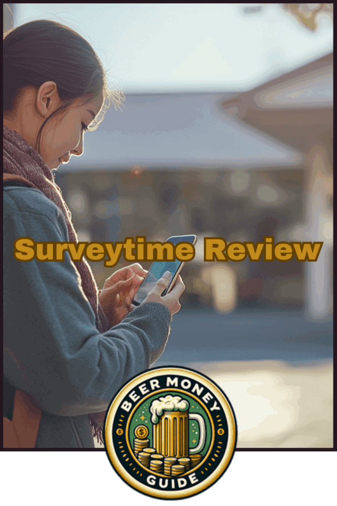 A person enjoying the outdoors while using a smartphone, with the text "Surveytime Review" prominently displayed. At the bottom, a "Beer Money Guide" logo adds a touch of authenticity, reinforcing Surveytime's promise as an easy way to earn extra cash on-the-go.