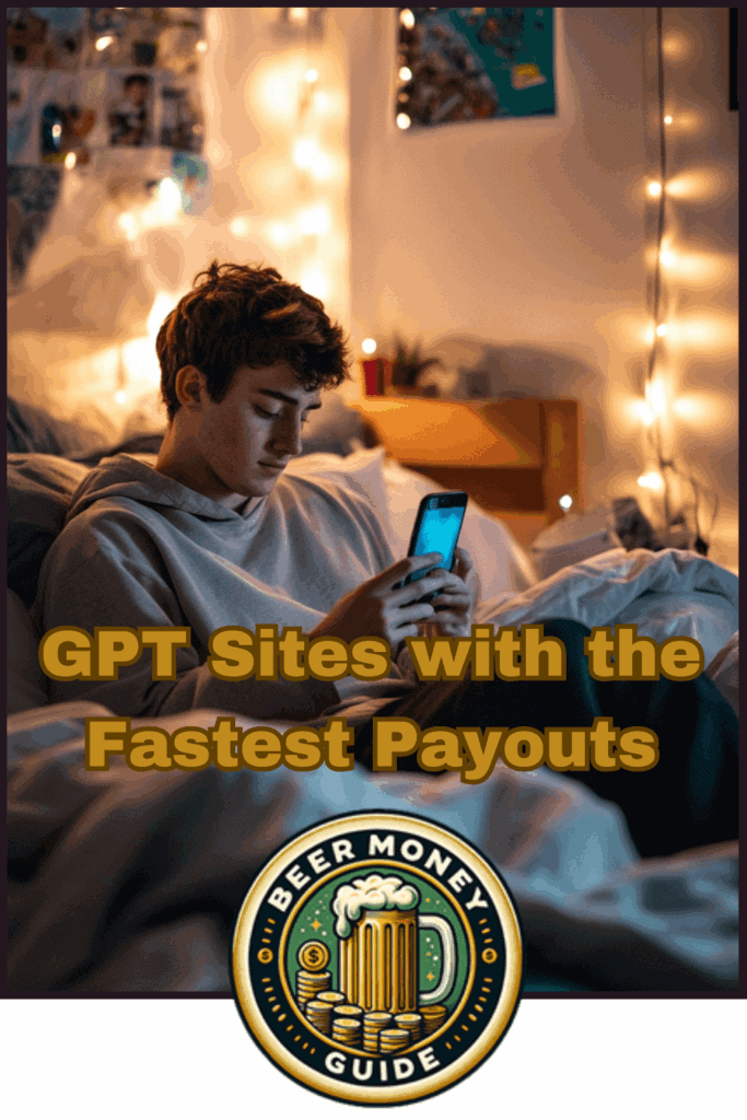 A person is sitting on a bed using a smartphone. The text reads "Top GPT Sites with the Fastest Payouts," accompanied by a "Beer Money Guide" logo below. The room, adorned with string lights, exudes a cozy ambiance that's perfect for discovering GPT reward sites.