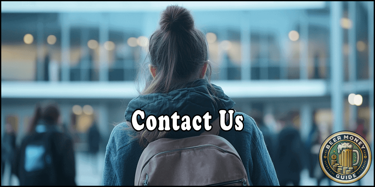Contact Us page header image with the Beer Money Guide logo in the corner.