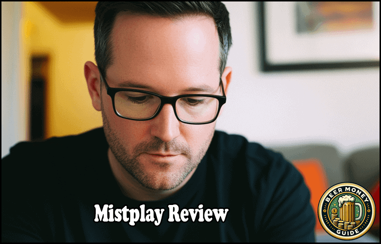 A person with glasses looking down thoughtfully, accompanied by the text overlay "Mistplay Review." In the corner, the "Beer Money Guide" logo sits subtly.