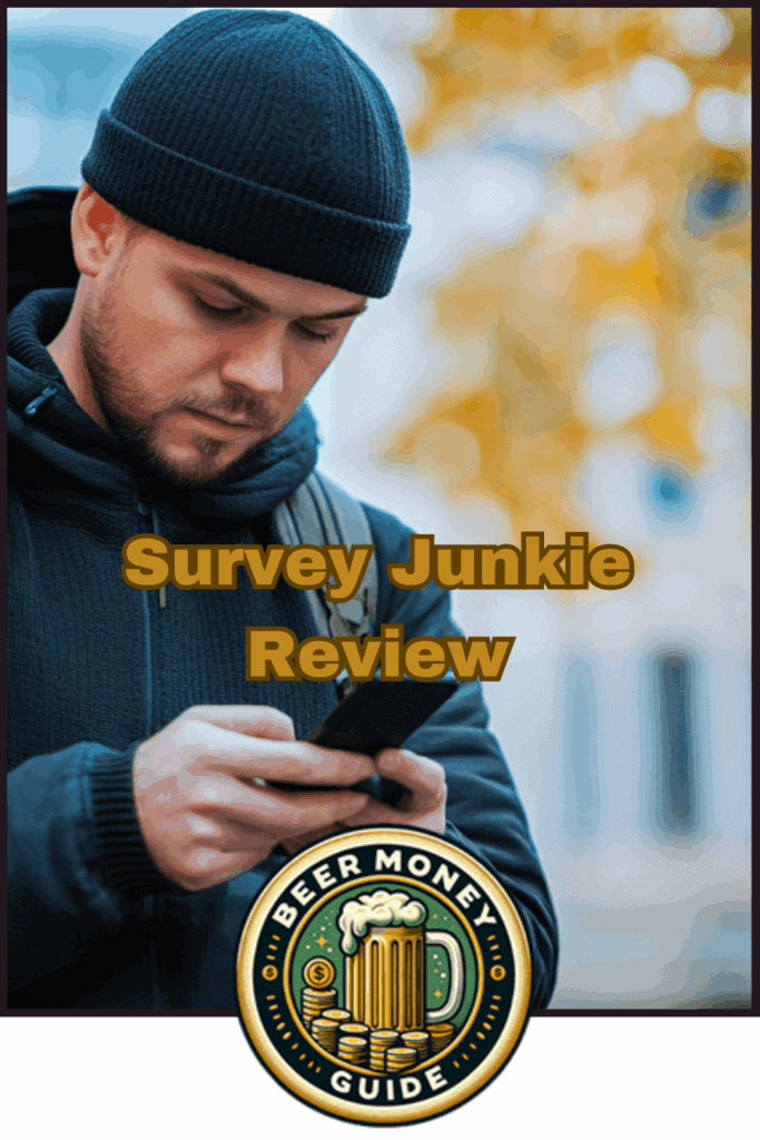 A person in a black knit cap and jacket is using a smartphone outdoors. Text overlay reads "Survey Junkie Review" above a "Beer Money Guide" logo with beer mugs, highlighting how paid online surveys can be an easy side hustle to earn cash on the go.