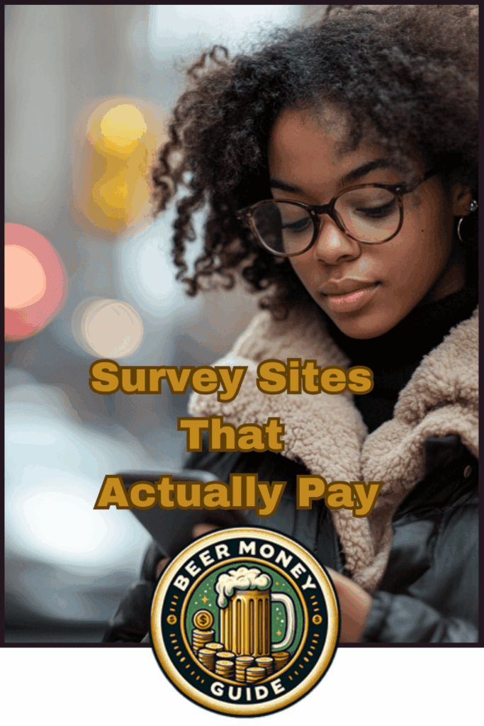 Person with curly hair and glasses looks down at a phone. Text reads "Survey Sites That Actually Pay" with a "Beer Money Guide" logo at the bottom, offering insights into survey opportunities that help you make money from surveys.