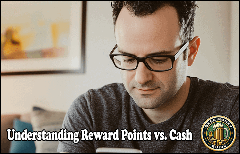 Man with glasses looking at phone; text reads "Understanding Reward Points vs. Cash" with a Beer Money Guide logo. Dive into loyalty programs to maximize cash back benefits and make informed choices!