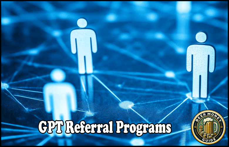 Abstract illustration of connected human figures on a digital network background featuring the text "GPT Referral Programs" at the bottom, showcasing one of the best websites for opportunities to get paid.