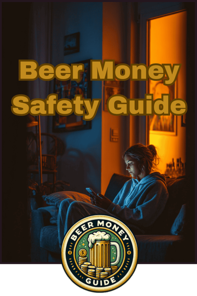 A person sits on a couch looking at a phone in a dimly lit room. Text reads "Beer Money Safety Guide" above a round beer-themed logo, reminding you to avoid survey scams and beer money scams online.